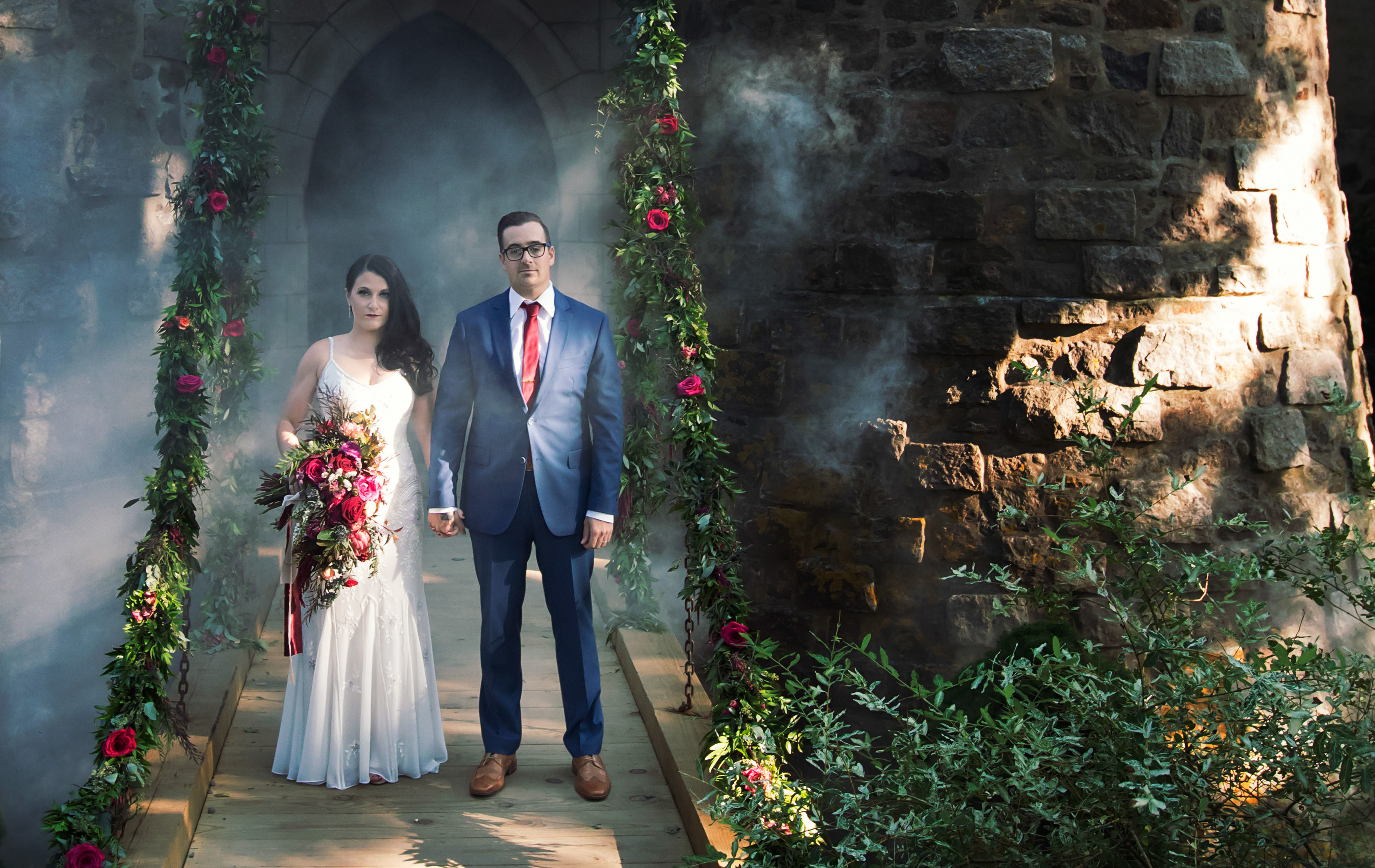 Wedding flowers at Hammond Castle Museum. Bride and Groom portraits with wedding flowers in Gloucester.